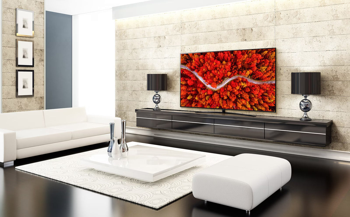 LG 65UP7600 tv egy modern letisztult nappaliban.